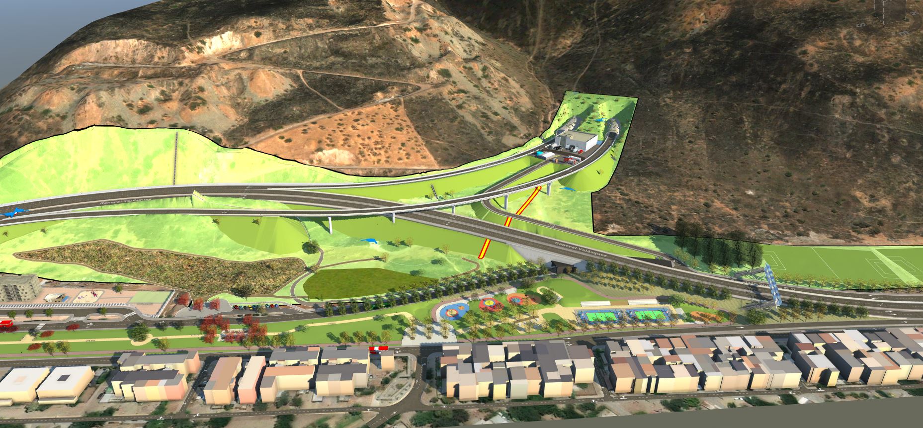 Maqueta BIM de infraestructura vial con terreno, montañas y contexto urbano